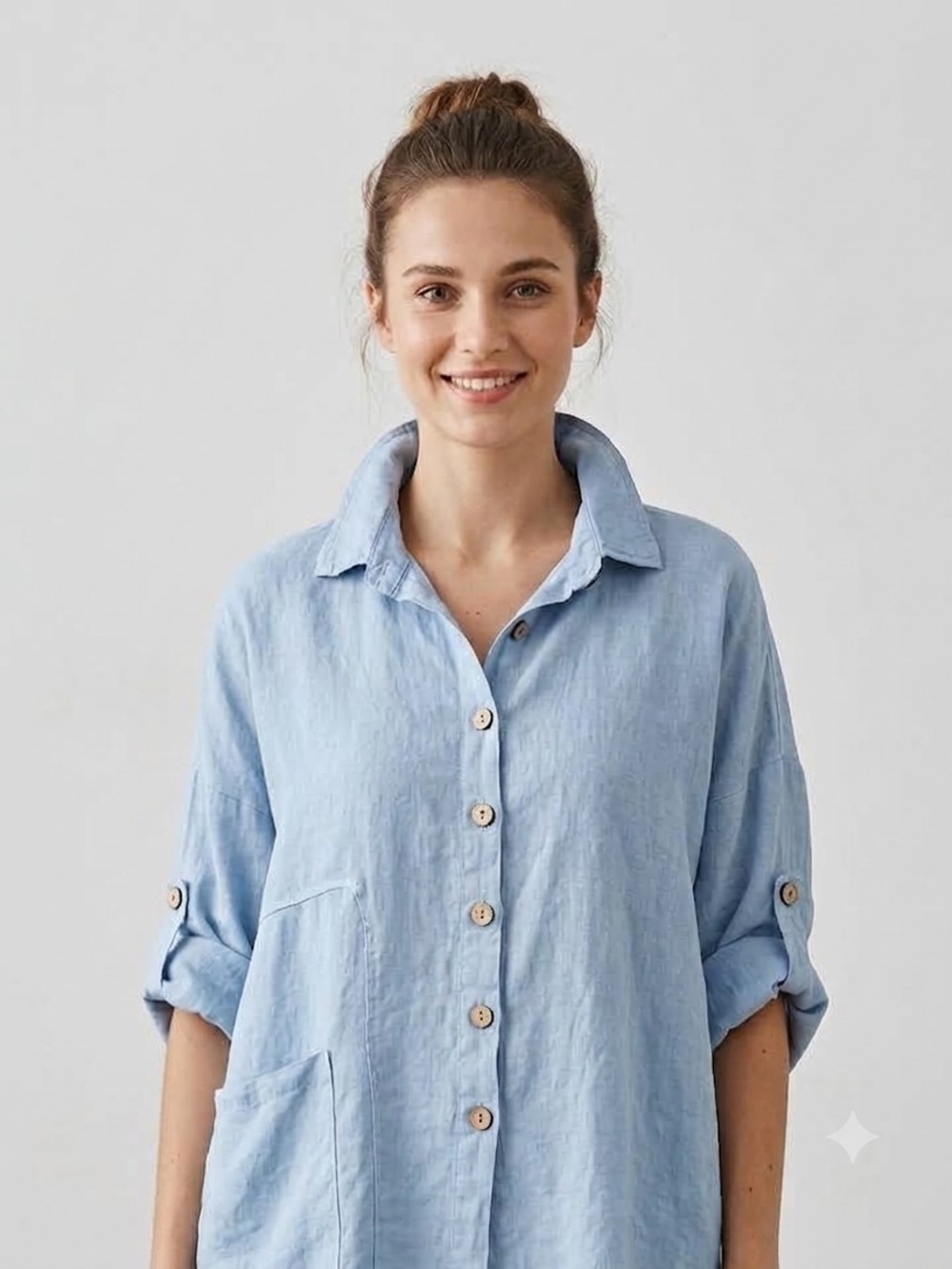 100% LINEN Relaxed Light Blue Linen Button-Up Blouse